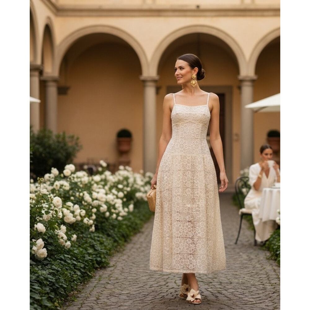 Elegant Cream Lace Midi Dress - Strappy Summer Dress